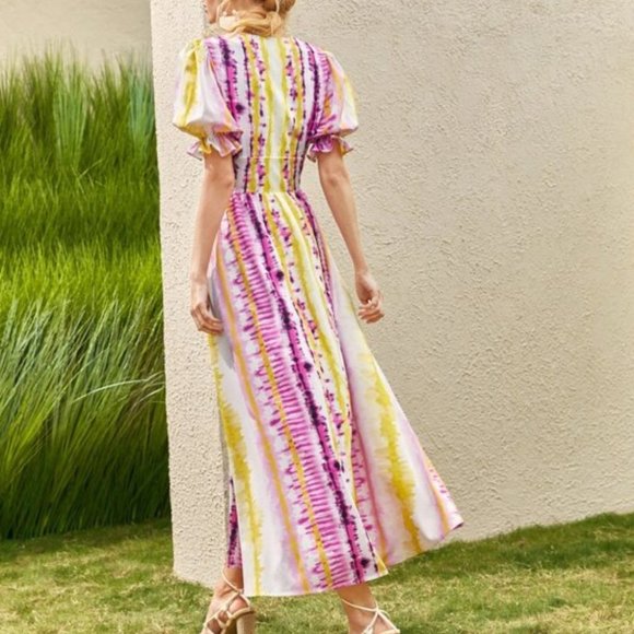 Tie Dye Puff Sleeve Button Down Maxi Dress - Picture 9 of 9